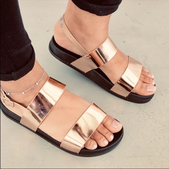 LADIES ROSE GOLD WATERPROOF DOUBLE BANDS SANDALS - Picture 2 of 4
